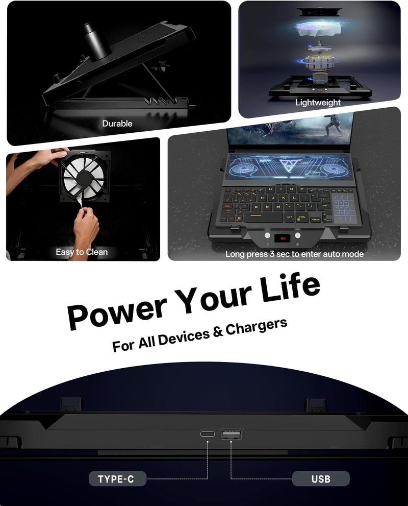 DEPGI Laptop Cooling Pad, Laptop Cooler Stand with 5.5" Movable Fan Easy to Clean, Auto Temp Sensor & 3-Speed Manual Control, Ultra Quiet ≤40dB for 14–17.3 Inch Laptops，Black - Image 4